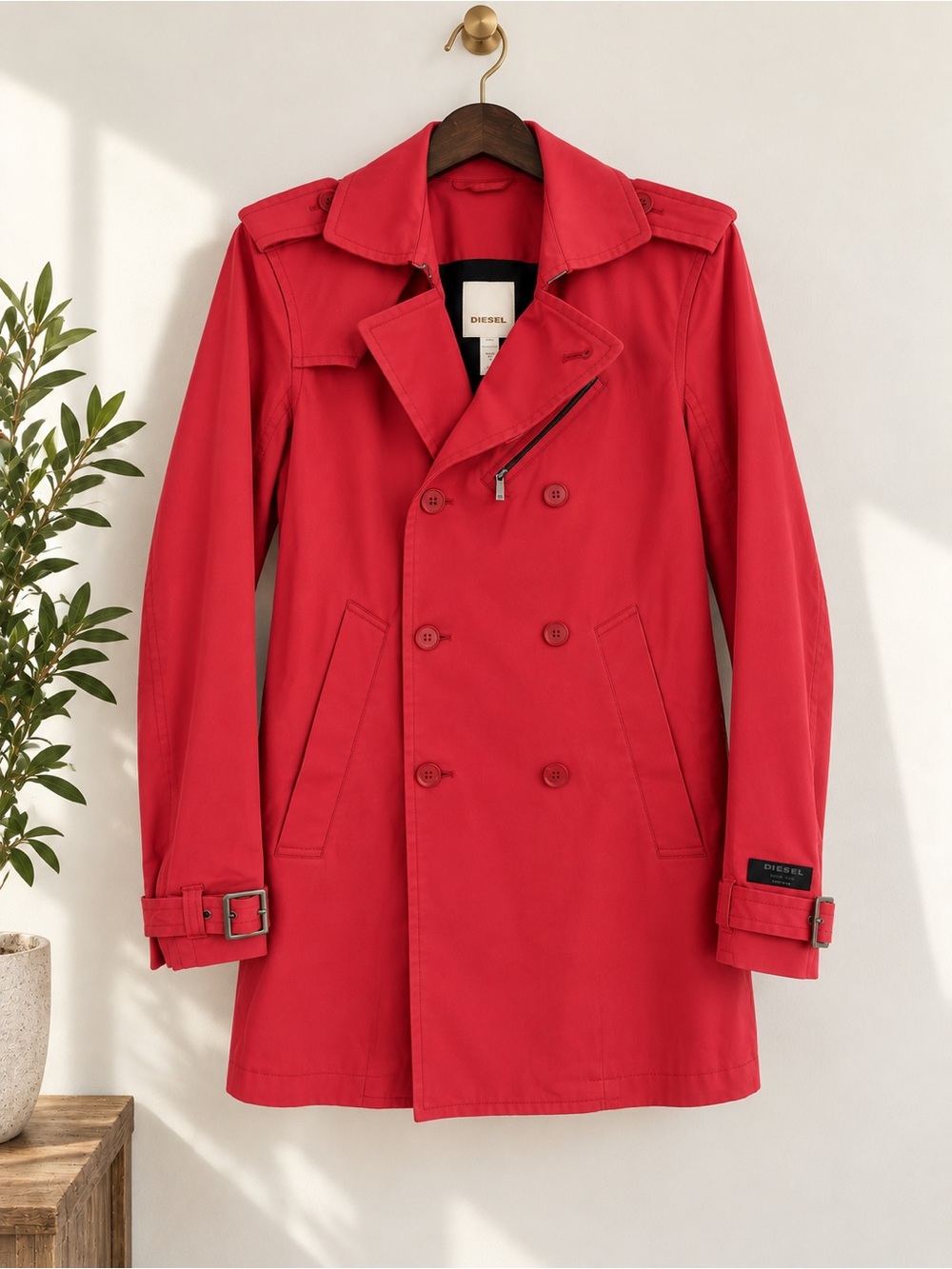 Vintage DIESEL Red Double Breasted Utility Trench Coat Jacket M Archive Y2K Mint